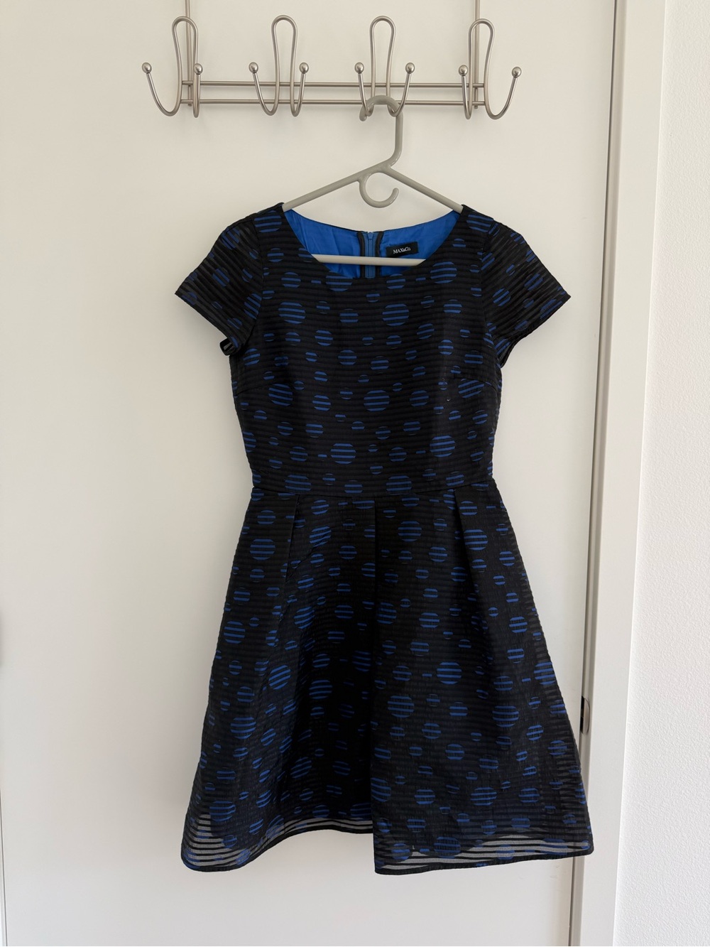 Max & Co. Black and Blue Polka Dot Fit-and-Flare Dress